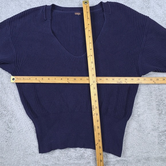 Free People Navy Blue Ribbed V-Neck Oversized Cotton Blend Pullover Sweater - Picture 5 of 9
